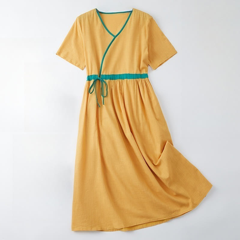 Summer Casual Stitching Color Lace-up Design V-Neck Short Sleeve Midi Dress