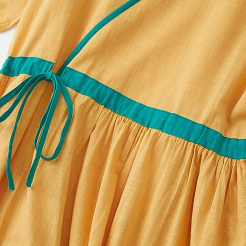 Summer Casual Stitching Color Lace-up Design V-Neck Short Sleeve Midi Dress