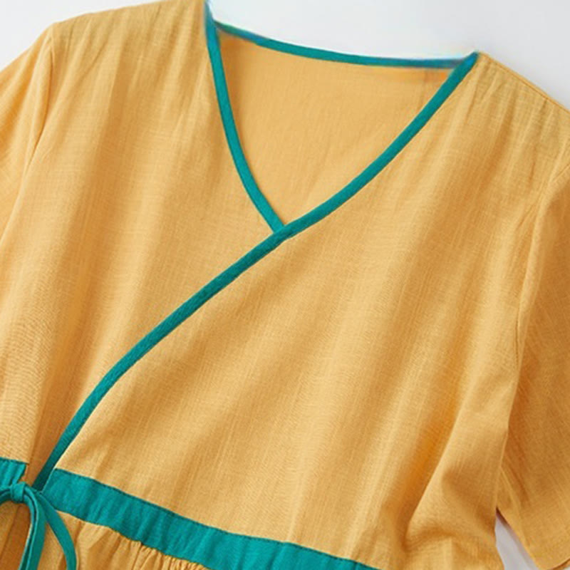 Summer Casual Stitching Color Lace-up Design V-Neck Short Sleeve Midi Dress