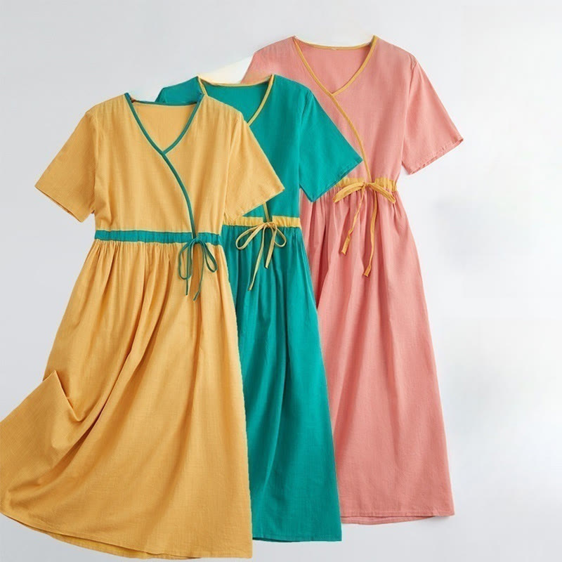 Summer Casual Stitching Color Lace-up Design V-Neck Short Sleeve Midi Dress