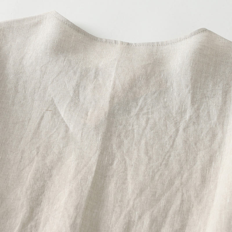 Summer Casual Plain Design V-Neck Short Sleeve Cotton Linen Midi Dress With Pockets