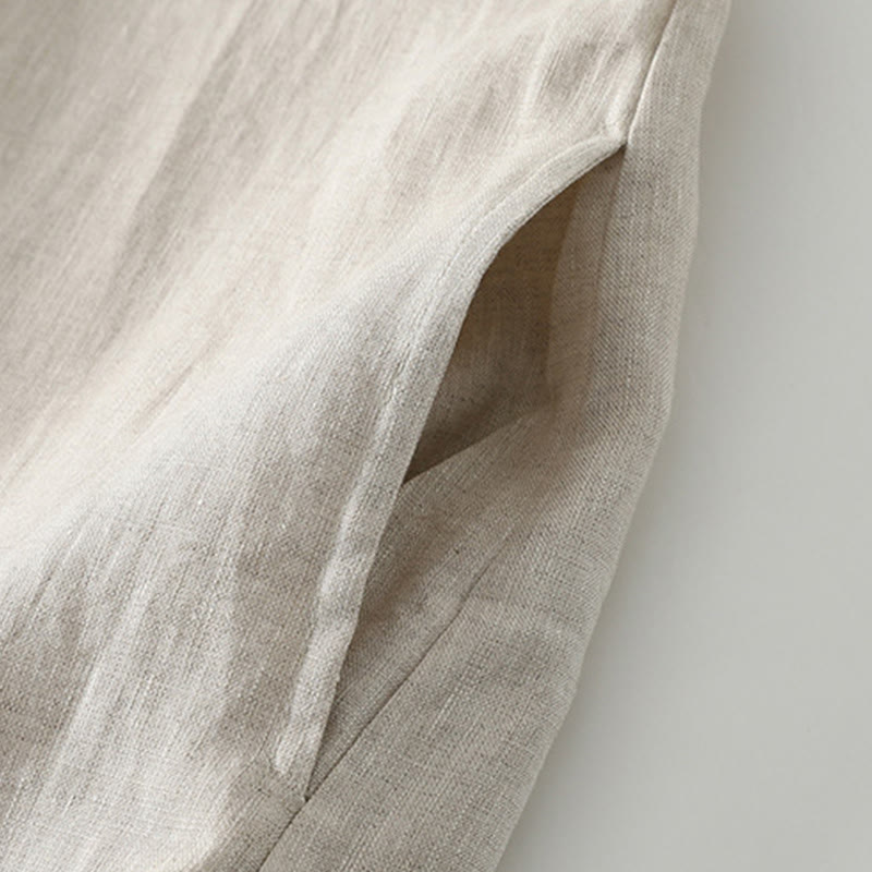 Summer Casual Plain Design V-Neck Short Sleeve Cotton Linen Midi Dress With Pockets