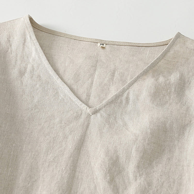 Summer Casual Plain Design V-Neck Short Sleeve Cotton Linen Midi Dress With Pockets