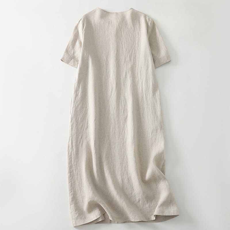 Summer Casual Plain Design V-Neck Short Sleeve Cotton Linen Midi Dress With Pockets