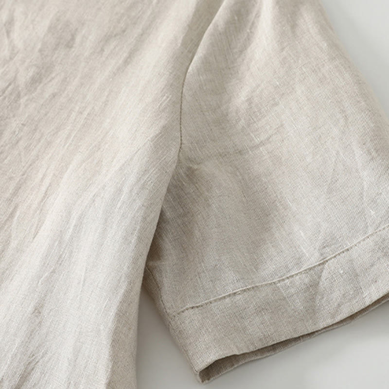 Summer Casual Plain Design V-Neck Short Sleeve Cotton Linen Midi Dress With Pockets
