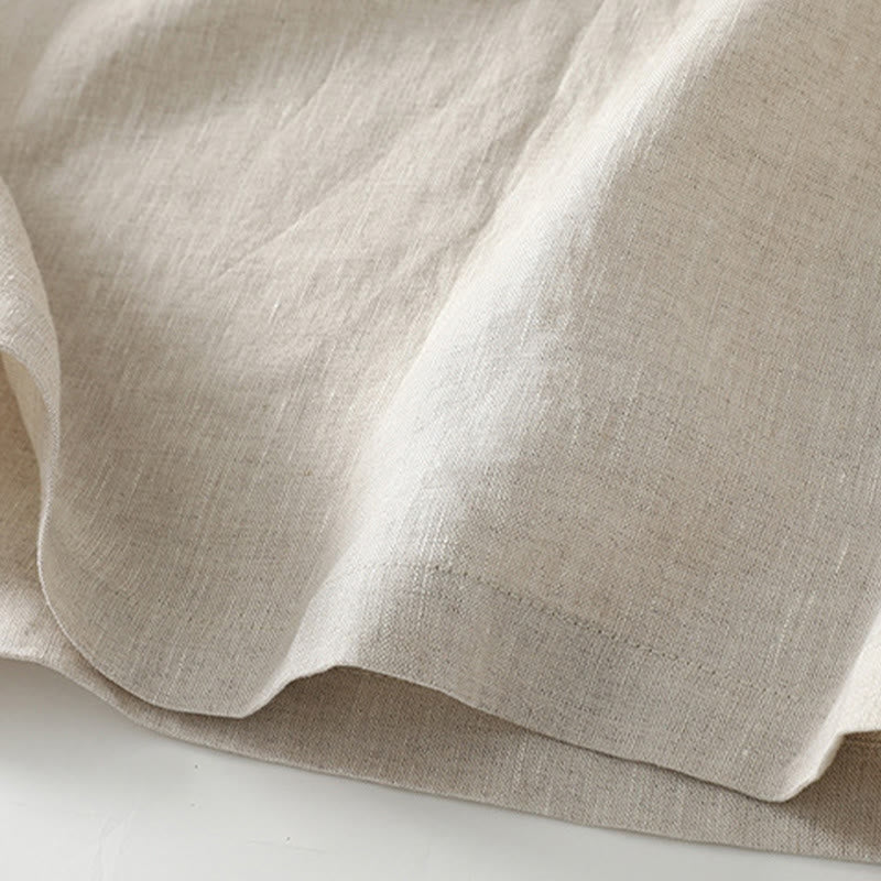 Summer Casual Plain Design V-Neck Short Sleeve Cotton Linen Midi Dress With Pockets