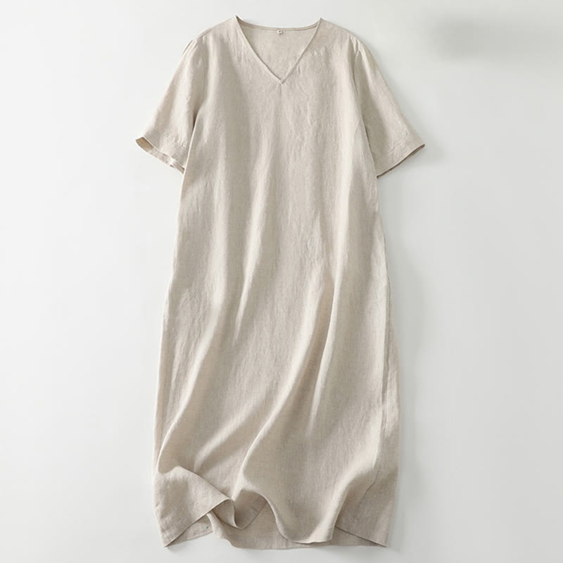 Summer Casual Plain Design V-Neck Short Sleeve Cotton Linen Midi Dress With Pockets