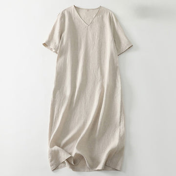 Summer Casual Plain Design V-Neck Short Sleeve Cotton Linen Midi Dress With Pockets