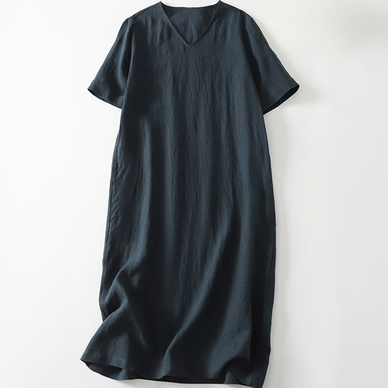 Summer Casual Plain Design V-Neck Short Sleeve Cotton Linen Midi Dress With Pockets