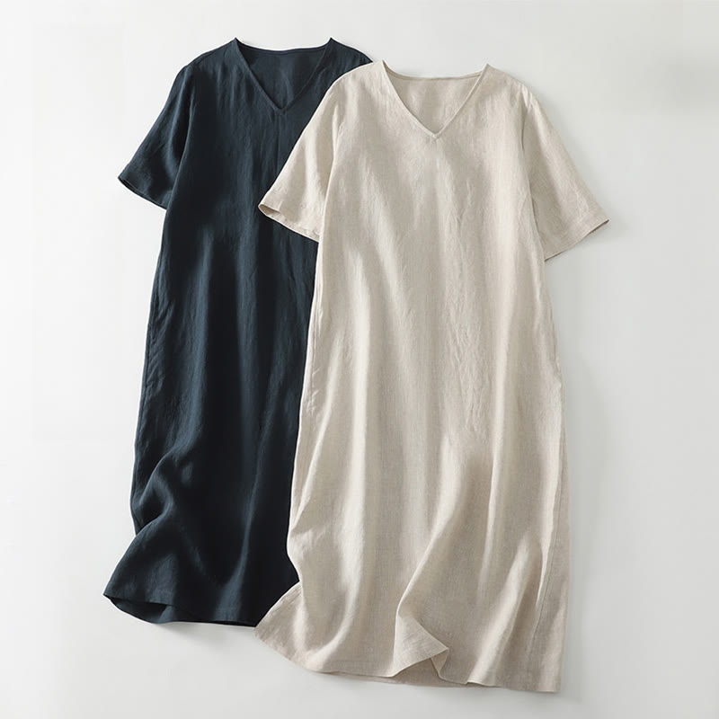 Summer Casual Plain Design V-Neck Short Sleeve Cotton Linen Midi Dress With Pockets