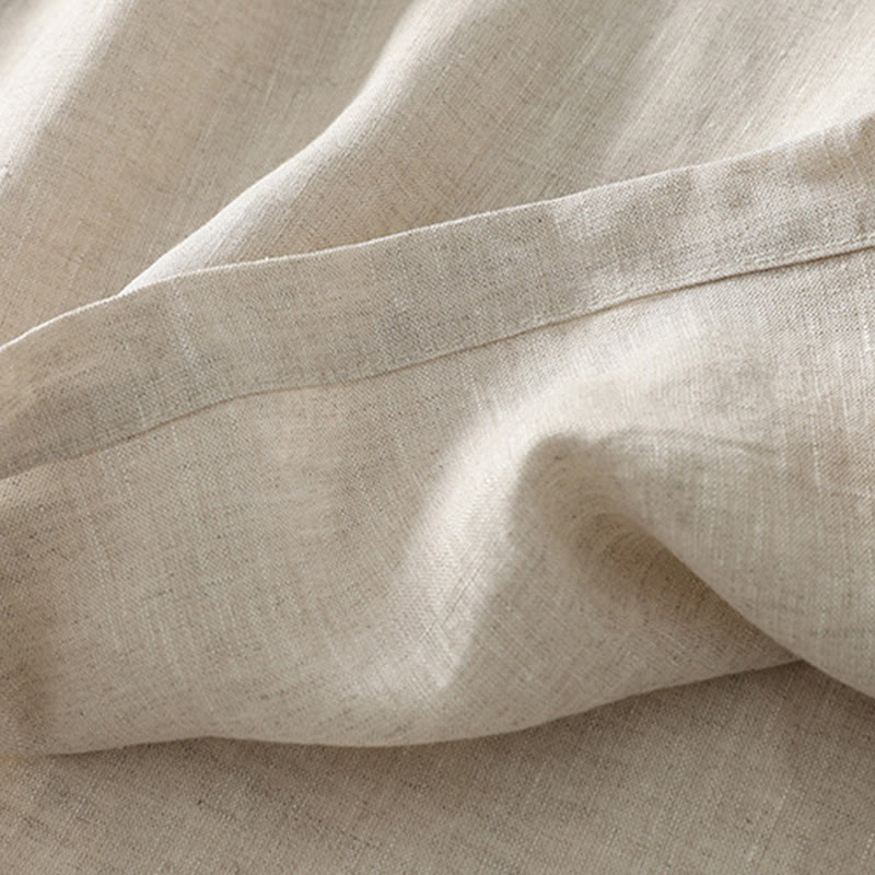 Summer Casual Plain Design V-Neck Short Sleeve Cotton Linen Midi Dress With Pockets