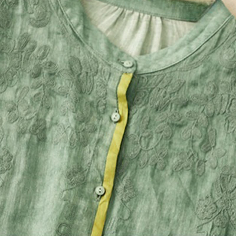 Summer Casual Embroidered Stand Collar Design Three Quarter Sleeve Acrylic Midi Dress
