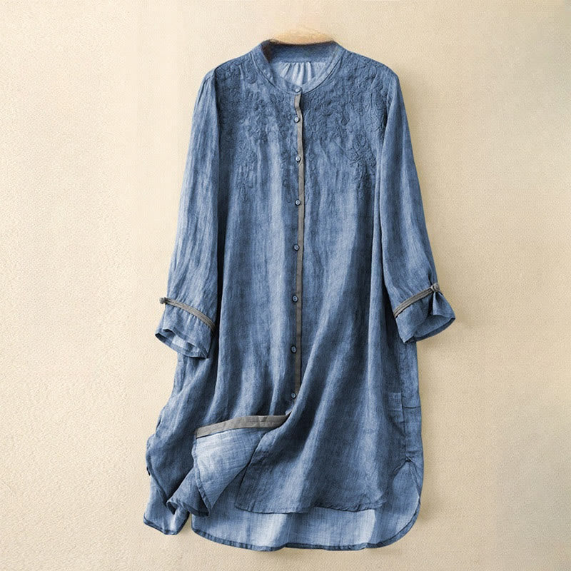 Summer Casual Embroidered Stand Collar Design Three Quarter Sleeve Acrylic Midi Dress