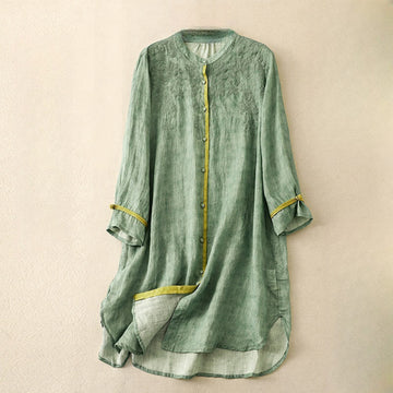Summer Casual Embroidered Stand Collar Design Three Quarter Sleeve Acrylic Midi Dress