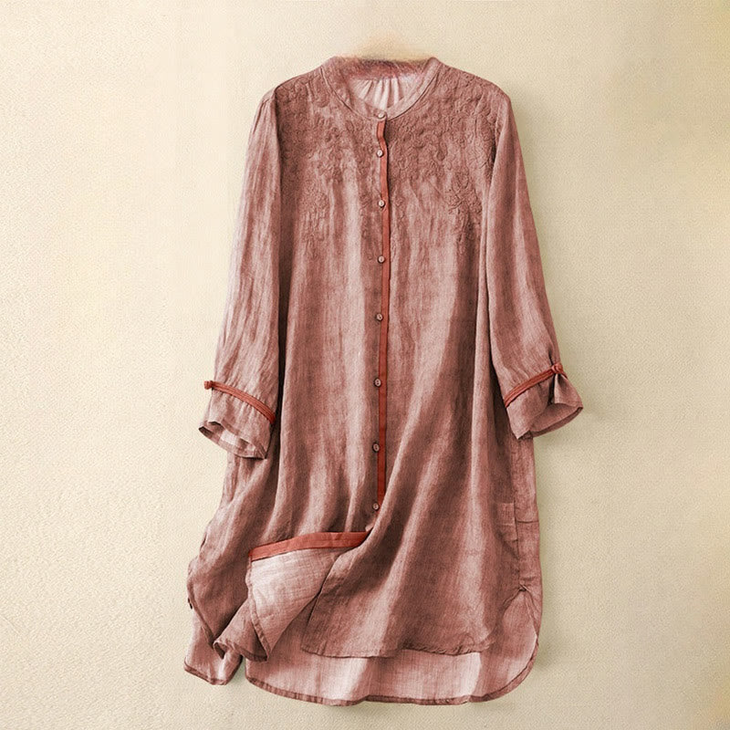 Summer Casual Embroidered Stand Collar Design Three Quarter Sleeve Acrylic Midi Dress