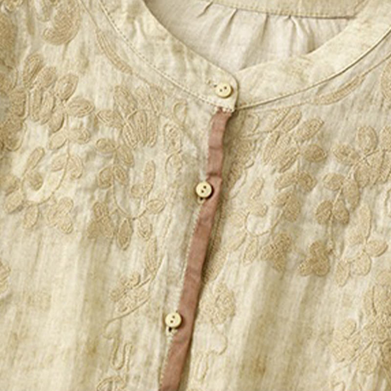 Summer Casual Embroidered Stand Collar Design Three Quarter Sleeve Acrylic Midi Dress