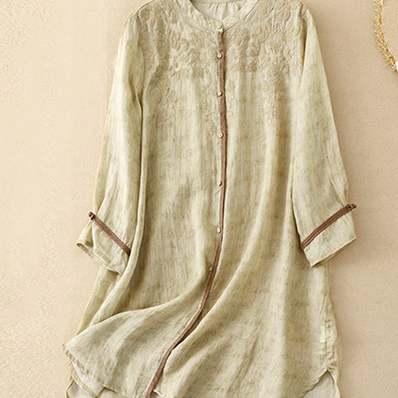 Summer Casual Embroidered Stand Collar Design Three Quarter Sleeve Acrylic Midi Dress