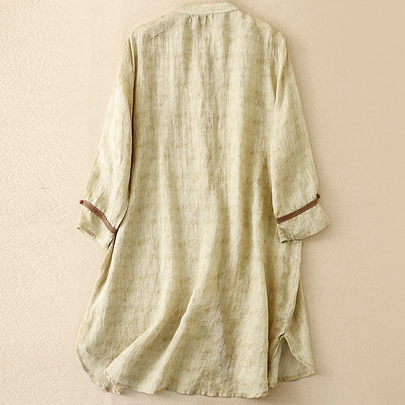 Summer Casual Embroidered Stand Collar Design Three Quarter Sleeve Acrylic Midi Dress