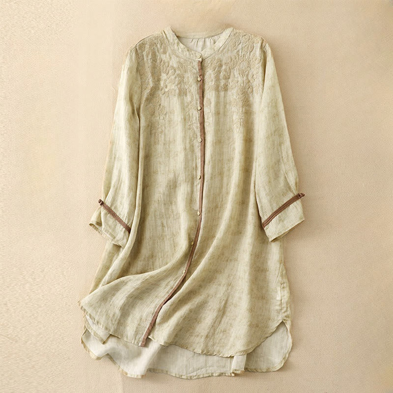 Summer Casual Embroidered Stand Collar Design Three Quarter Sleeve Acrylic Midi Dress