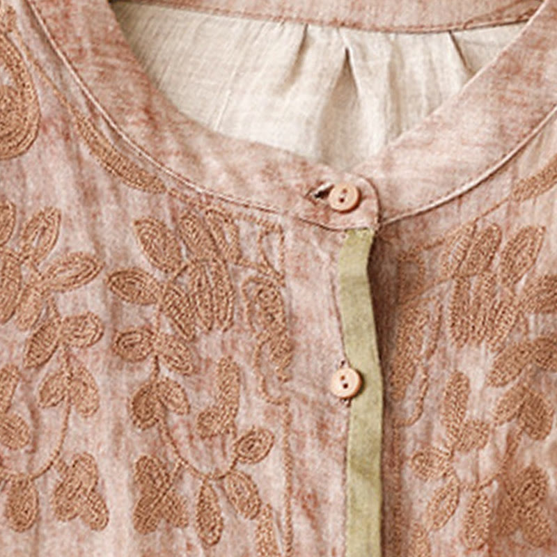 Summer Casual Embroidered Stand Collar Design Three Quarter Sleeve Acrylic Midi Dress