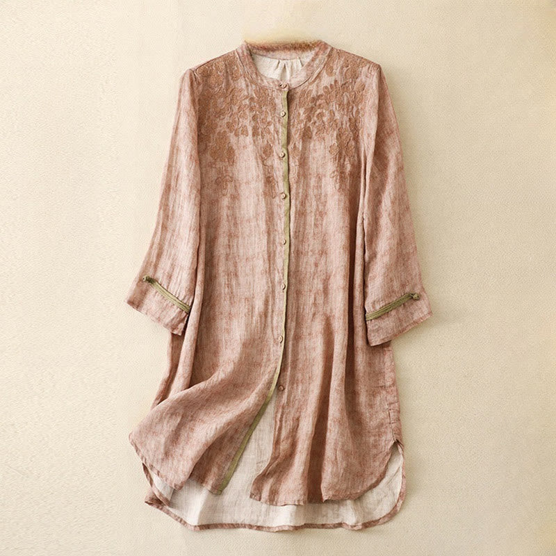Summer Casual Embroidered Stand Collar Design Three Quarter Sleeve Acrylic Midi Dress