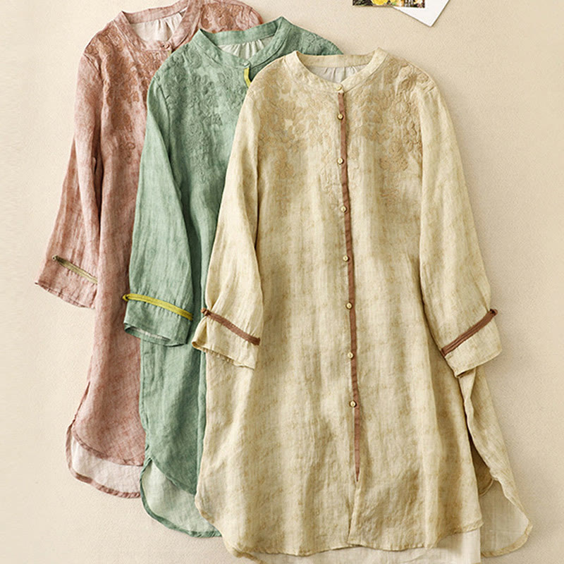 Summer Casual Embroidered Stand Collar Design Three Quarter Sleeve Acrylic Midi Dress