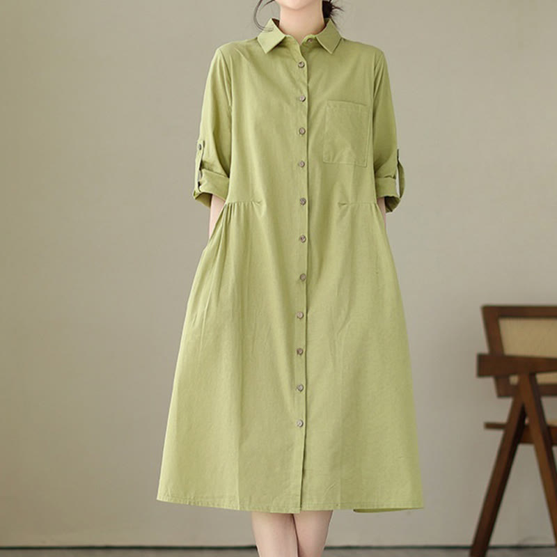 Structured Stand-Collar Buttoned Meditation Midi Dress