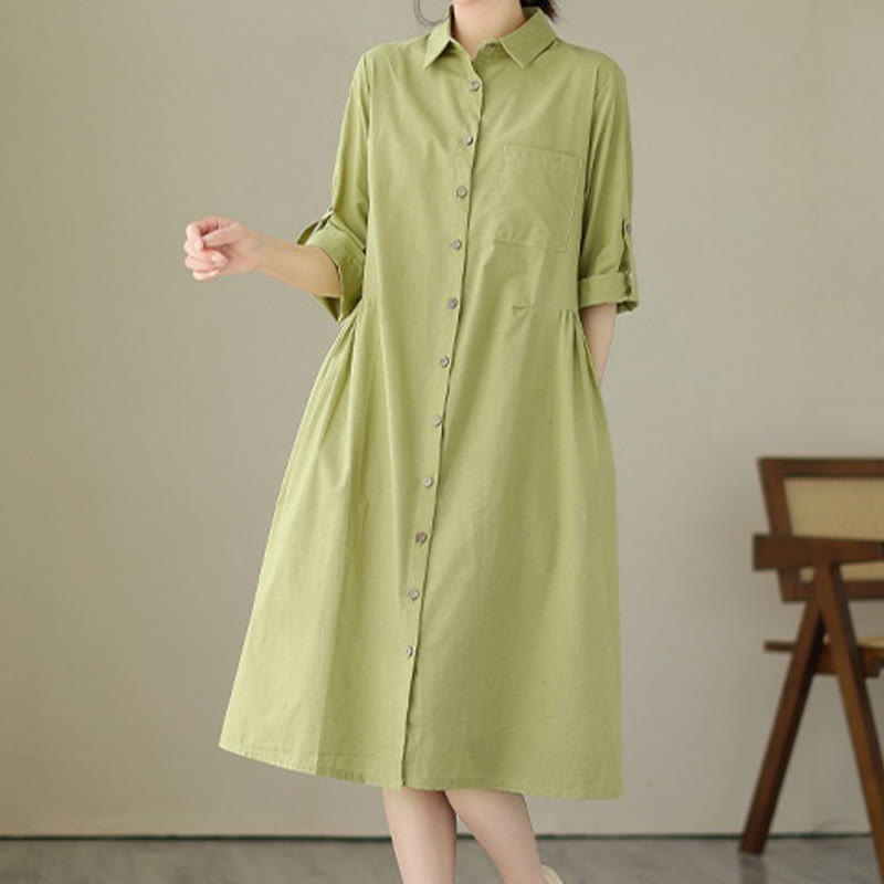Structured Stand-Collar Buttoned Meditation Midi Dress