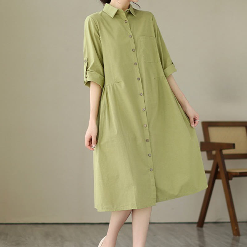 Structured Stand-Collar Buttoned Meditation Midi Dress