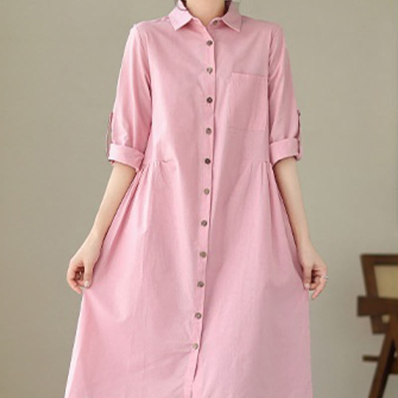 Structured Stand-Collar Buttoned Meditation Midi Dress