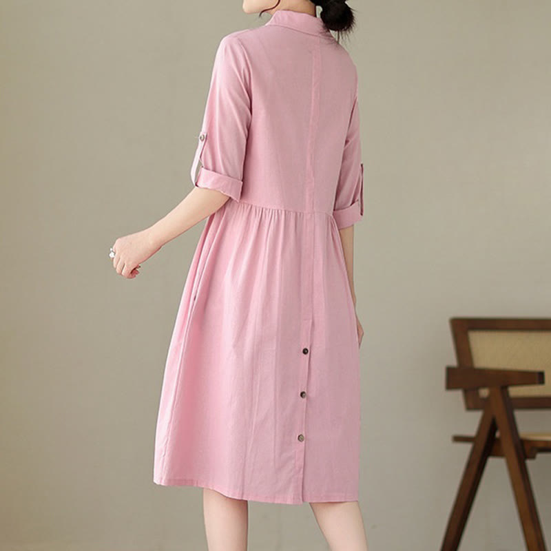 Structured Stand-Collar Buttoned Meditation Midi Dress