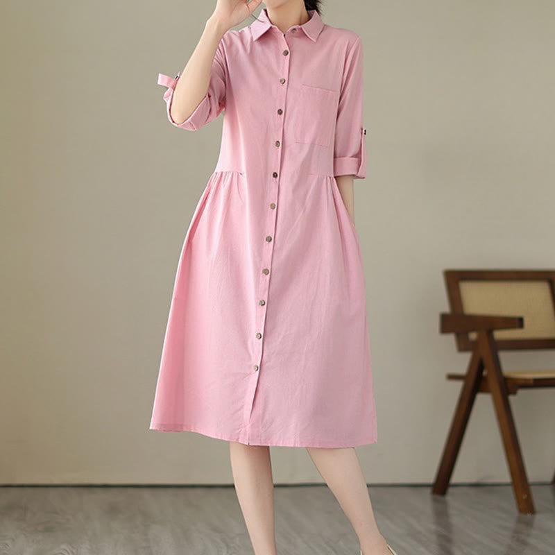 Structured Stand-Collar Buttoned Meditation Midi Dress