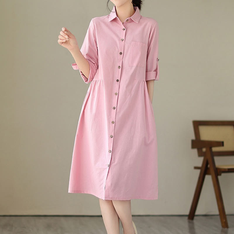 Structured Stand-Collar Buttoned Meditation Midi Dress