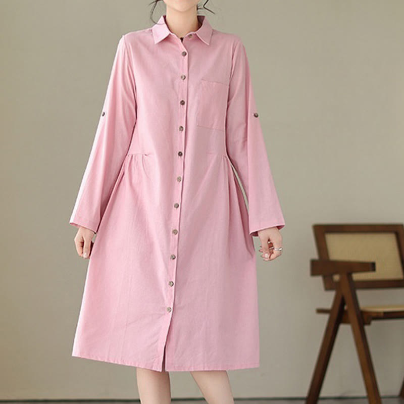 Structured Stand-Collar Buttoned Meditation Midi Dress