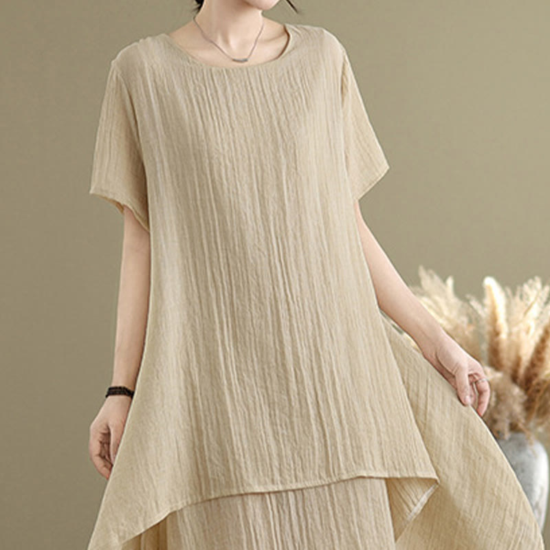 Summer Casual Plain Design Crew Neck Short Sleeve Cotton Linen Blended Double Layer Midi Dress