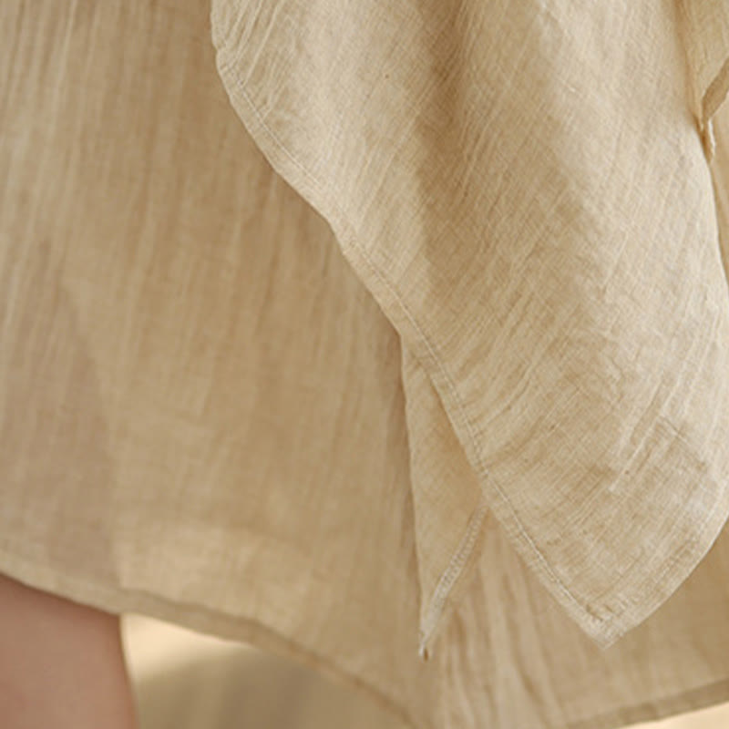 Summer Casual Plain Design Crew Neck Short Sleeve Cotton Linen Blended Double Layer Midi Dress