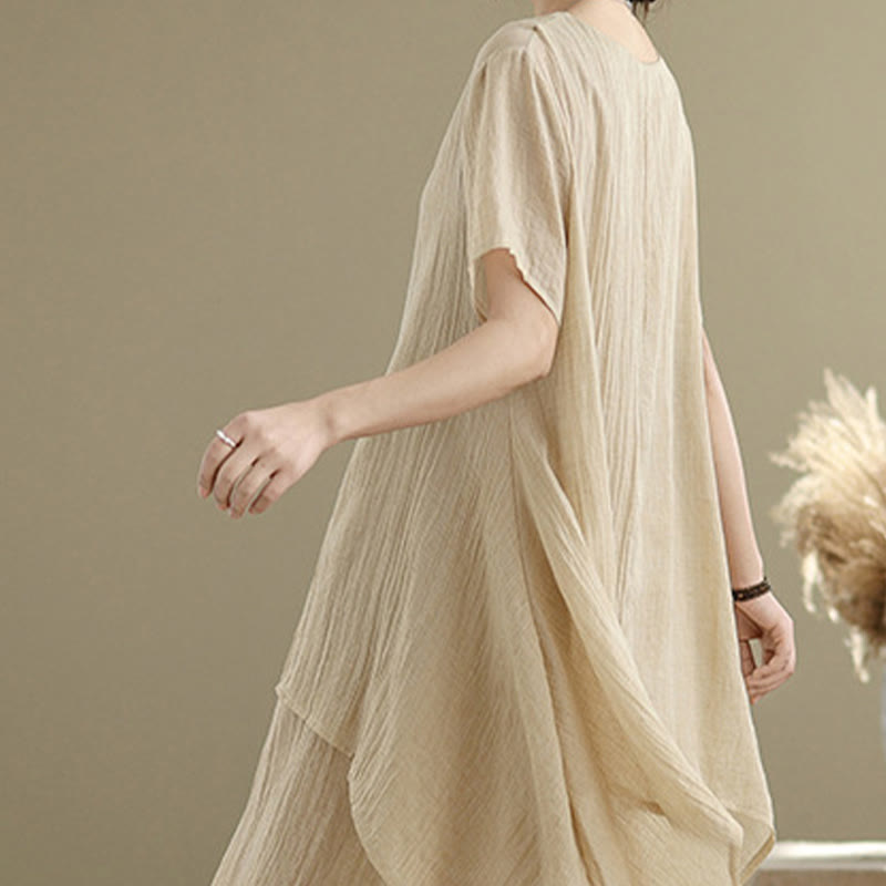 Summer Casual Plain Design Crew Neck Short Sleeve Cotton Linen Blended Double Layer Midi Dress