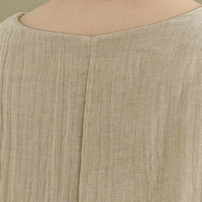Summer Casual Plain Design Crew Neck Short Sleeve Cotton Linen Blended Double Layer Midi Dress