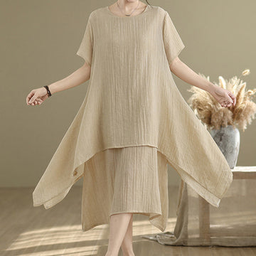 Summer Casual Plain Design Crew Neck Short Sleeve Cotton Linen Blended Double Layer Midi Dress