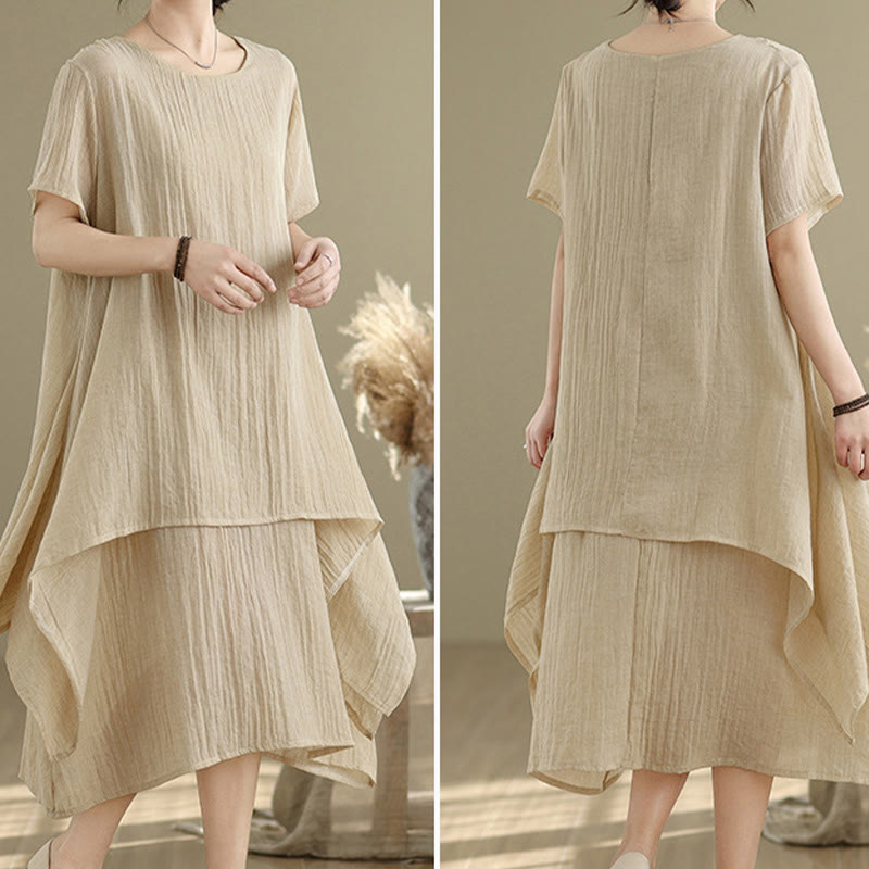 Summer Casual Plain Design Crew Neck Short Sleeve Cotton Linen Blended Double Layer Midi Dress