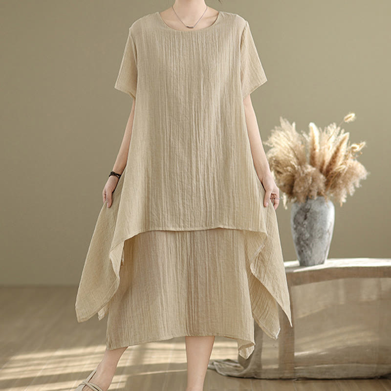 Summer Casual Plain Design Crew Neck Short Sleeve Cotton Linen Blended Double Layer Midi Dress