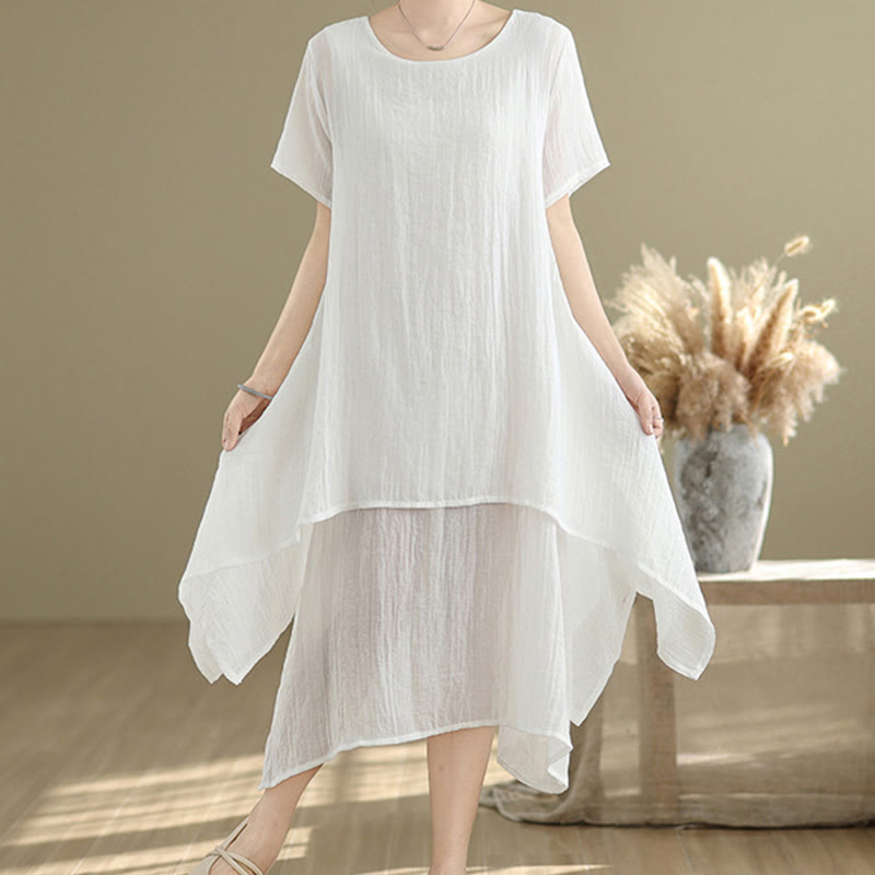 Summer Casual Plain Design Crew Neck Short Sleeve Cotton Linen Blended Double Layer Midi Dress