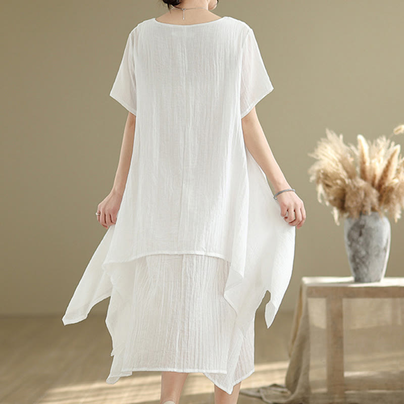 Summer Casual Plain Design Crew Neck Short Sleeve Cotton Linen Blended Double Layer Midi Dress