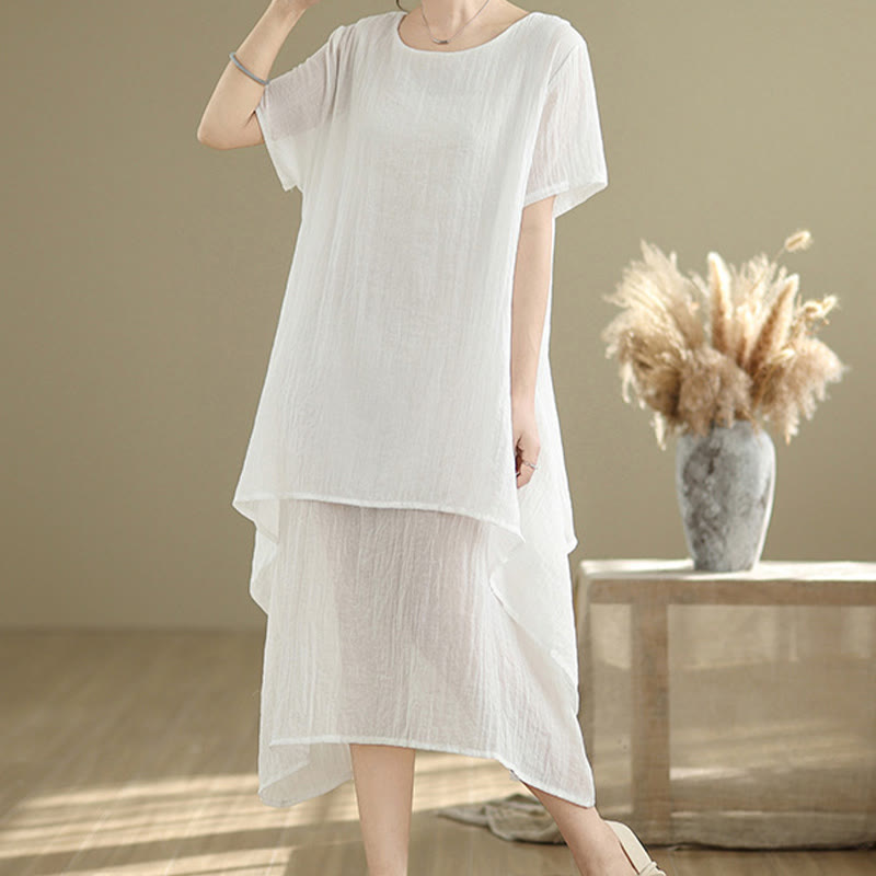 Summer Casual Plain Design Crew Neck Short Sleeve Cotton Linen Blended Double Layer Midi Dress