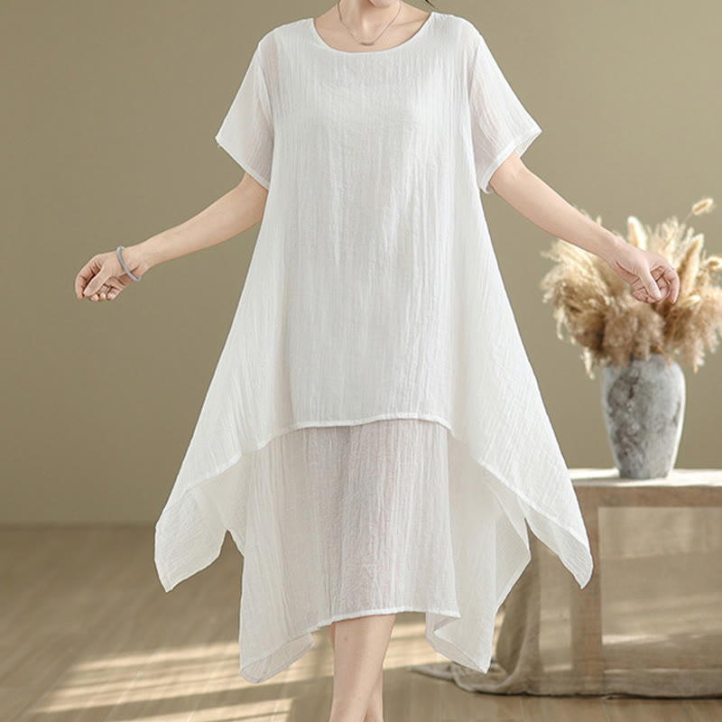 Summer Casual Plain Design Crew Neck Short Sleeve Cotton Linen Blended Double Layer Midi Dress