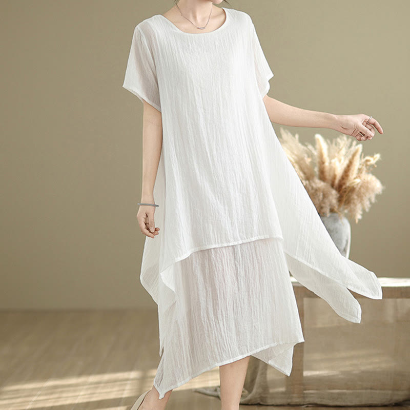 Summer Casual Plain Design Crew Neck Short Sleeve Cotton Linen Blended Double Layer Midi Dress