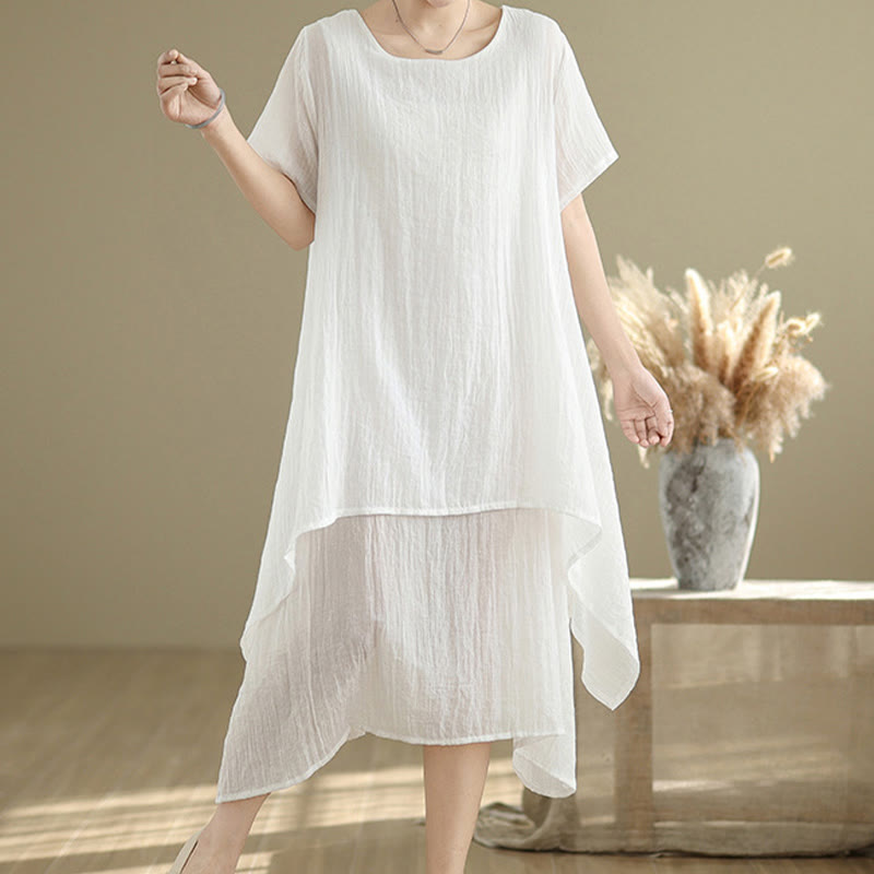 Summer Casual Plain Design Crew Neck Short Sleeve Cotton Linen Blended Double Layer Midi Dress