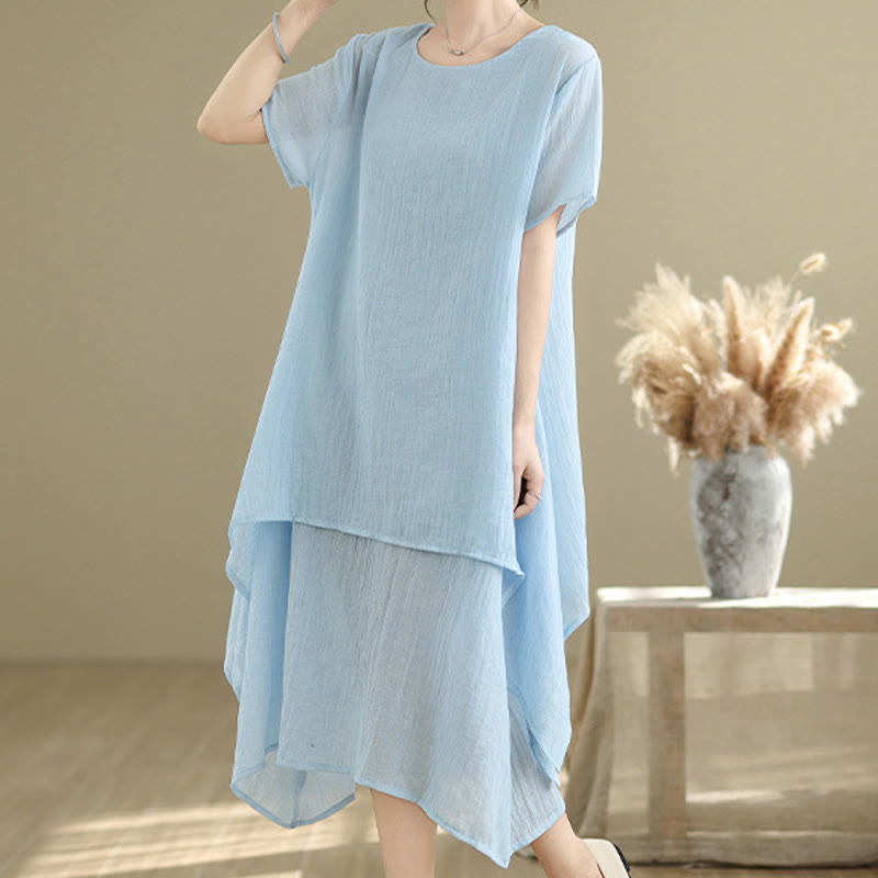 Summer Casual Plain Design Crew Neck Short Sleeve Cotton Linen Blended Double Layer Midi Dress