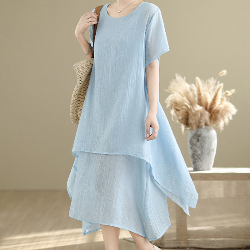 Summer Casual Plain Design Crew Neck Short Sleeve Cotton Linen Blended Double Layer Midi Dress