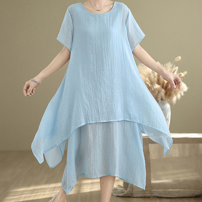 Summer Casual Plain Design Crew Neck Short Sleeve Cotton Linen Blended Double Layer Midi Dress